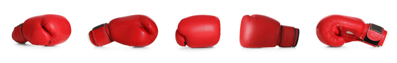 Wall Mural - Set with red boxing gloves on white background. Banner design