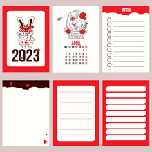 Calendar Template For April 2023 With Cute Rabbit In Basket Of Flowers And Planner Pages, Notes, To Do List. Vector Illustration. Week From Monday. In English. 2023 Year Of Rabbit To Chinese Calendar