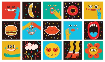 Sticker - Big Set of Different colored Vector illustartions for posters in Cartoon Flat design. Hand drawn Abstract shapes, faces, different texture, greek elements, funny Comic characters.