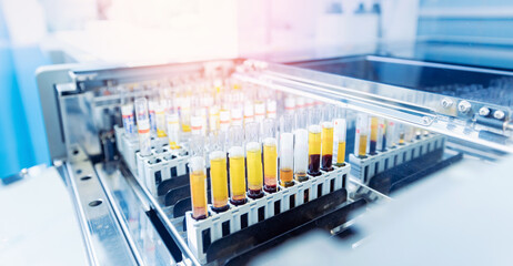Wall Mural - blood test scientist working with auto robot laboratory medical equipment, biomedicine banner