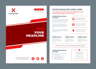 Wall Mural - Red brochure annual report flyer design template, vector abstract flat background with logo design.