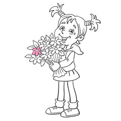 Wall Mural - Cute little girl stands with a big bouquet in her hands. Black and white picture with pink accent. In cartoon style. Isolated on white background. For coloring book. Vector illustration.