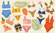 A Large Set Of Different Swimwear And Sandals On A Light Background. Summer Attributes, Leaves, Flowers And Fruits. Flat Design, Hand Drawn Cartoon, Vector Illustration.