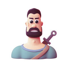 Wall Mural - Portrait of an angry brunette hunter with a scar on his cheek, sword behind his back, beard, mustache, hairstyle, teeth. Avatar face, shoulders. Minimal art style. 3d render isolated on white backdrop