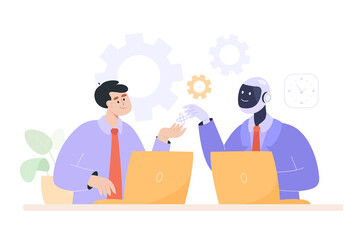 Wall Mural - Office person smiling at robot character in workplace. Future of workforce, human and cyborg working together on computer flat vector illustration. Friendship, AI concept for banner, website design