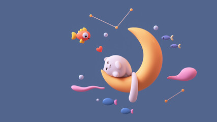 Wall Mural - Fat fluffy kawaii white happy cat sleeps on yellow moon dreams of a goldfish floating in the air with pink clouds, red heart shape, bubbles, stars, small fishes. I love you. 3d render on blue backdrop