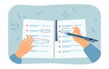 Wall Mural - hands of student doing test or writing in planner. person writing in notebook with pen and highlight