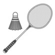 Badminton racquet and shuttlecock, badminton ball with feather and rocket, emblem, vector