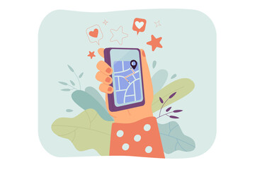 Wall Mural - female hand holding smartphone with city map and route on screen. location pin showing destination f