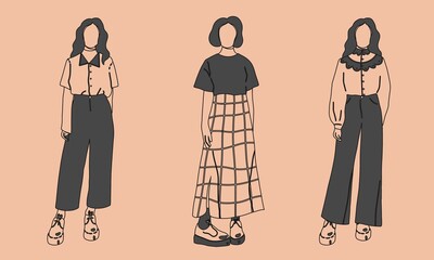 Wall Mural - Three fashionable women standing together. Stylish female characters in modern casual hipster clothes. Beautiful ladies in elegant dress. Flat design, hand drawn cartoon, vector illustration.