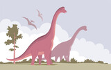 Fototapeta Dinusie - Big brachiosaurus with a long neck. Herbivorous dinosaur of the Jurassic period. Vector cartoon illustration. Prehistoric nature background. Wild landscape