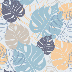 Seamless pattern of monstera leaves in yellow and blue shades. Vector illustration for fabric, wrapping paper or wallpaper.