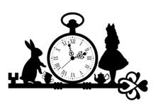 Tea Time In Wonderland. White Rabbit And Alice . Vector Illustration, Black Silhouettes Isolated On A White Back