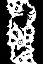 Alice Falls Down The Rabbit Hole. Vector Illustration Of Wonderland. Black Silhouettes Isolated On A White Background