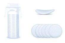 Cotton Round Cosmetic Pads And Packaging Realistic Vector Set On White Background. 