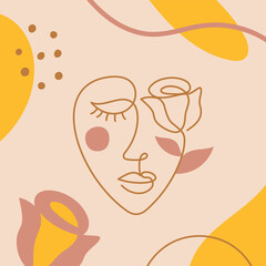 Wall Mural - Face of an abstract woman with a rose flower in a modern abstract minimalist one line style. Continuous line faces simple drawing. Vector fashion illustration. Yellow, pink and beige colors.