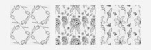 Set Of Seamless Floral Patterns In Line Art Style, Outline Floral Patterns, Geometric Pattern Of Tulips, Hydrangea And Bee Pattern, Lily And Bee Pattern