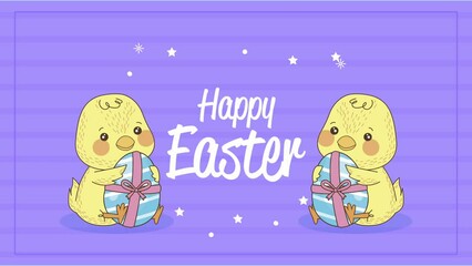 Sticker - happy easter lettering celebration with chicks and eggs