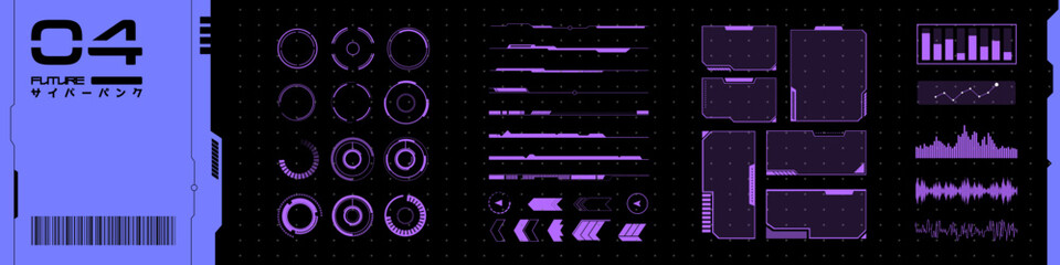 Collection pack of VR HUD elements. Set of interface objects in cyberpunk style. Futuristic design for your application, software, framework. Future vector objects from 2077.