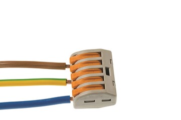 Close up view of connected electrical cables for electrical wiring with connector quick connector. Sweden.