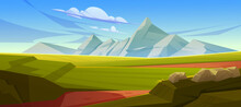 Cartoon Nature Landscape Green Plain Or Field With Dirt Road, Grass And Rocks Under Blue Sky With Fluffy Clouds, Picturesque Scenery Background, Natural Tranquil Countryside Scene, Vector Illustration