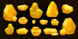 Gold nugget vector icon set, golden game UI stone kit, cartoon treasure amber rock isolated on black. Precious ore mining object collection, polygon boulder heap, yellow metal. Gold nugget clipart