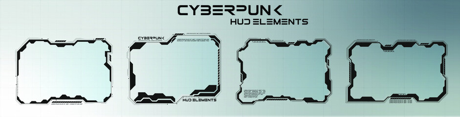 Sci-fi concept design banner. Futuristic vector HUD interface screen design. Names of digital callouts. Set of futuristic HUD UI GUI screen elements. High-tech screen for video games. Cyberpunk style