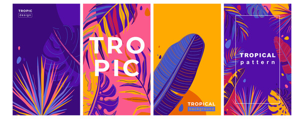 tropic summer pattern vector set with jungle exotic leaves in simple minimal flat style. abstract tr
