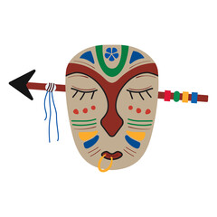 Wall Mural - Wooden african mask with an arrow piercing the head in flat naive style. Cartoon vector illustration