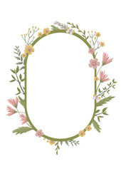 Wall Mural - Garden greenery oval frame of hand-drawn forest green leaves and delicate pink flowers. Romantic wreath of greenery isolated on white for greentings, invitations, decor