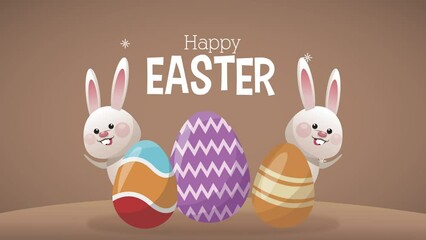 Sticker - happy easter lettering celebration with rabbits and eggs animation