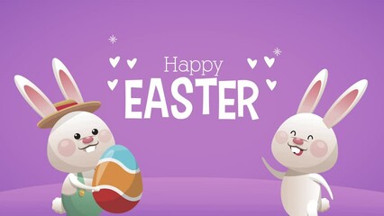 Poster - happy easter lettering with eggs and rabbits