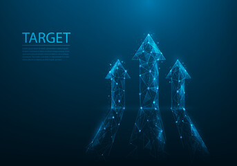Wall Mural - Business arrows grow up low poly wireframe. return on the investment chart increases. target on blue dark background. vector illustration fantastic digital. vision for sustained financial growth.