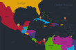 Infographics Central America and Caribbean Islands map, flat design colors, states and island with names, blue background with orange points vector
