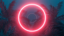 Neon Lighting, Palms And Abstract Shapes Composition. 3d Rendering