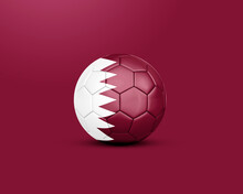 Soccer Ball With Qatar Flag Isolated On Red Wine Background, Football World Cup 2022.