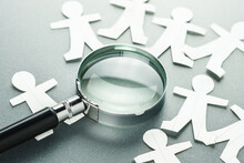 Magnifying Glass On Many Paper Human Dolls, Man Management, Human Resources Analytics, Search The Right Man For A Business, Recruitment Concept