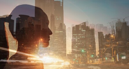 Double exposure. young confident woman looking at view of the city