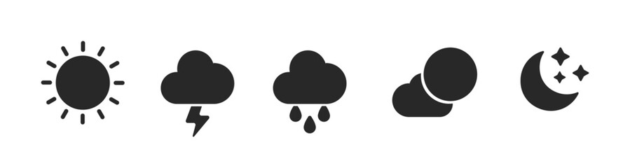 Wall Mural - weather icons set black flat style, weather isolated on white background. clouds logo and sign, vect