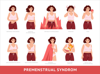 Wall Mural - Women suffering from menstrual period problems or premenstrual syndrome. Headache, abdominal pain, insomnia, sensitive breast and mood swings. Hand drawn flat vector illustration