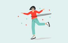 Trendy woman twirling hula hoop around her waist flat illustration
