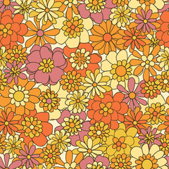 Wall Mural - Boho vector background. Floral vintage seamless pattern. Hippie flower power retro textile print. Groovy botanical wallpaper