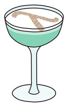 Grasshopper Cocktail In Coupe Glass With Lambda LGBT Equality Sign. For Gay Bar Diversity Pride Party Invitations, Cards Or Stickers. Doodle Cartoon Illustration Isolated On White Background.