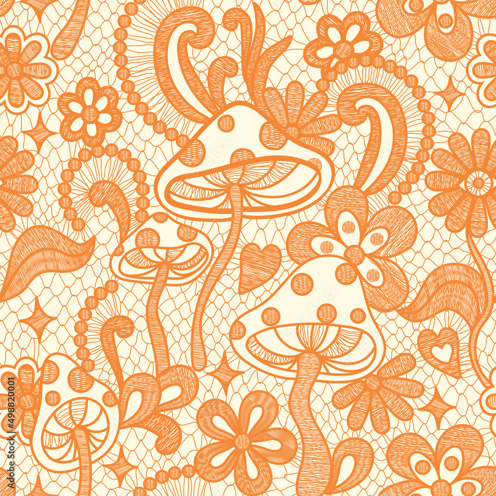 Psychedelic hippie seamless pattern. Lace texture vector illustration. Groovy botanical background with flowers and mushrooms. 60s hippy aesthetique