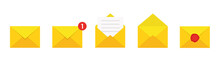 Envelope Flat Vector Icon Set. Document Enclosed In Envelope, Closed And Open Envelope With Message. Email, Emailing, Message, Letter, Sms. New Message, Draft. 10EPS.