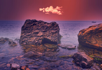 Wall Mural - seascape with rocks sunset beautiful landscape