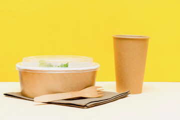 Healthy food lunch in kraft paper carton eco friendly box disposable bowl packaging container, cup on yellow background. chicken, eggs, greens. Take away delivery. environment protection