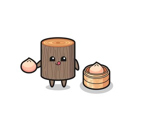 Wall Mural - cute tree stump character eating steamed buns