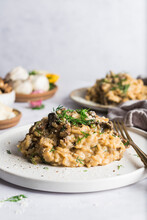 Porcini Mushroom Risotto On A Small Plate And Topped With Fresh Dill