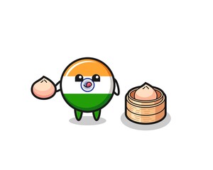 Wall Mural - cute india flag character eating steamed buns